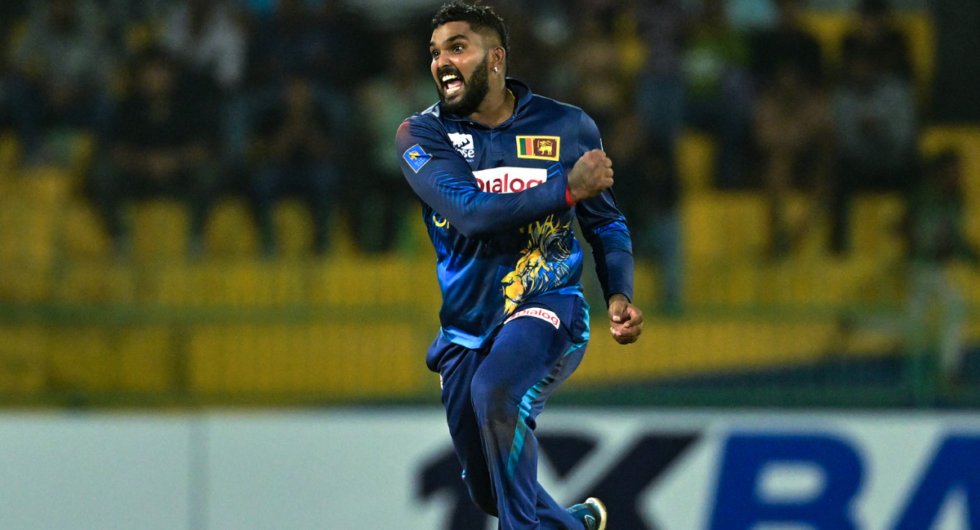 Sri Lanka's Wanindu Hasaranga celebrates after taking the wicket of Zimbabwe's Clive Madande during the third and final one-day international (ODI) cricket match between Sri Lanka and Zimbabwe at the R. Premadasa Stadium in Colombo on January 11, 2024.