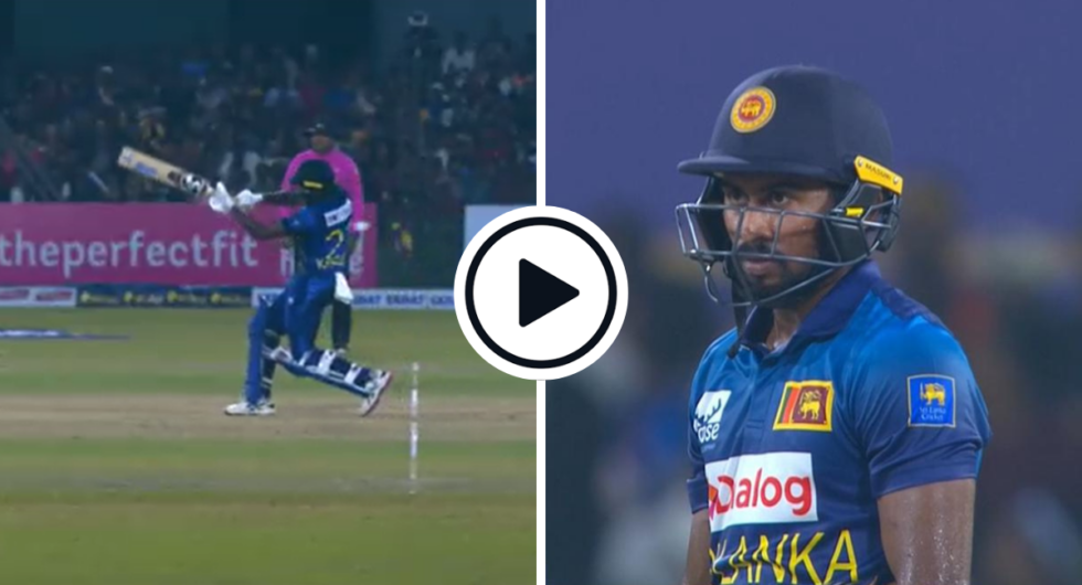 A shoulder high full toss bowled to Kamindu Mendis in the third Sri Lanka-Afghanistan T20I (L), Mendis reacts (R)