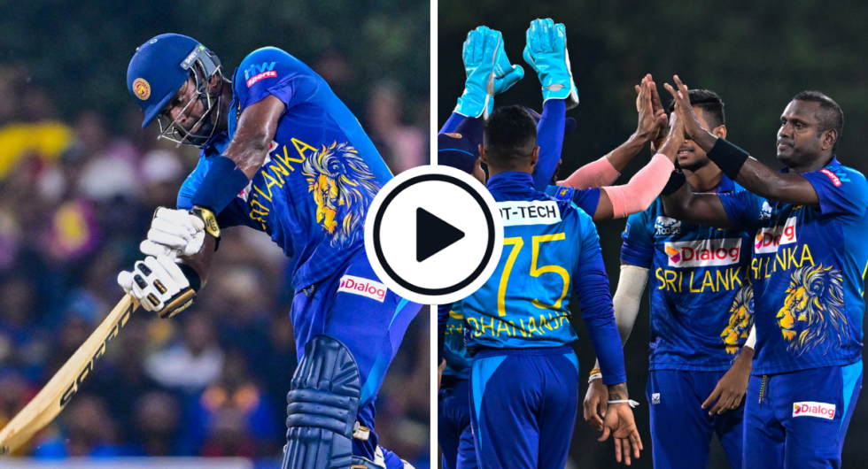 Sri Lanka's Angelo Mathews plays a shot (L) before celebrating with teammates after taking the wicket of Afghanistan's Hazratullah Zazai (R) during the second Twenty20 international cricket match between Sri Lanka and Afghanistan at the Rangiri Dambulla International Cricket Stadium in Dambulla on February 19, 2024.