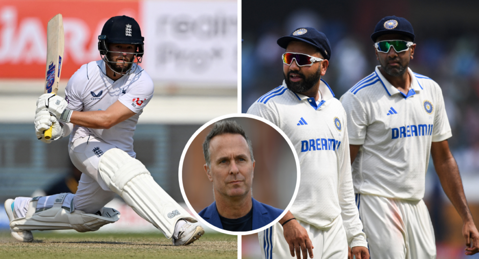 Ben Duckett plays a reverse sweep (L), R AShwin and Rohit Sharma in the field (R), former England captain Michael Vaughan (centre, inset)