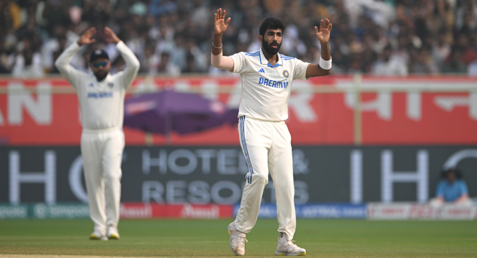 India bowler Jasprit Bumrah reacts during day four of the 2nd Test Match between India and England at ACA-VDCA Stadium on February 05, 2024 in Visakhapatnam, India.