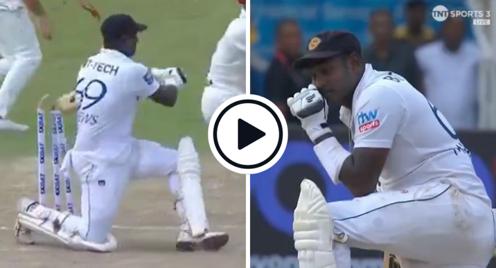 Angelo Mathews in disbelief after being out hit wicket against Afghanistan