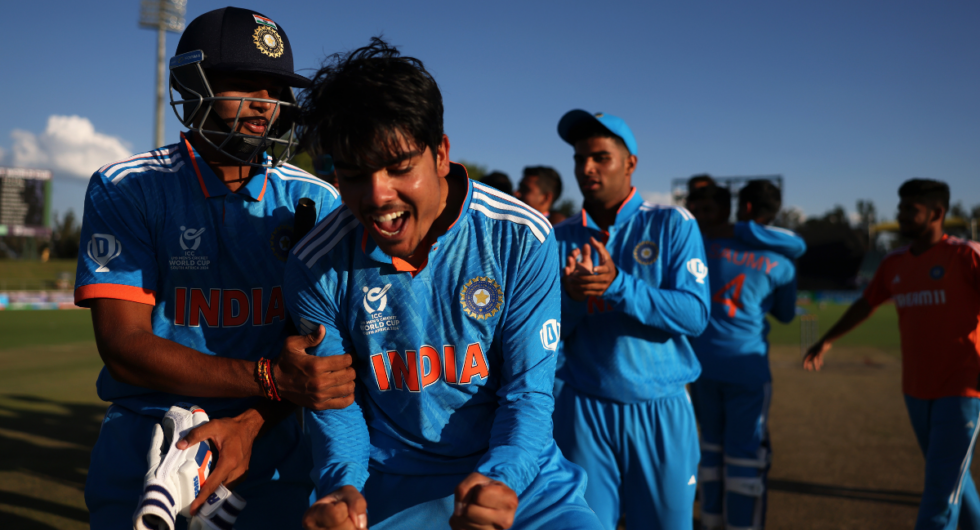 Uday Saharan and India celebrate after winning the U19 World Cup semi-final