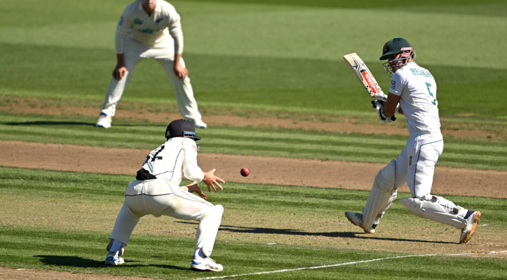 David Bedingham is caught at short leg via a deflection off his boot on the first day of the second New Zealand-South Africa Test