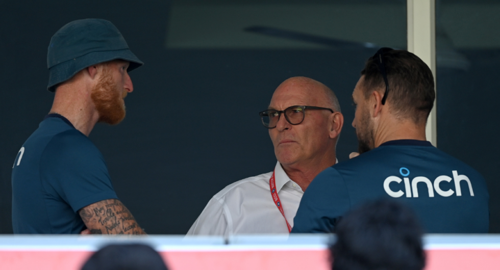 England Test captain Ben Stokes and head coach Brendon McCullum involved in a discussion with ICC match referee Jeff Crowe