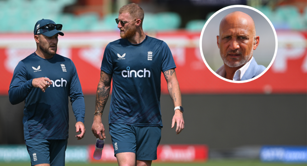 England Test captain and head coach Brendon McCullum and Ben Stokes in conversation during a practice session, with a headshot of Mark Butcher inset