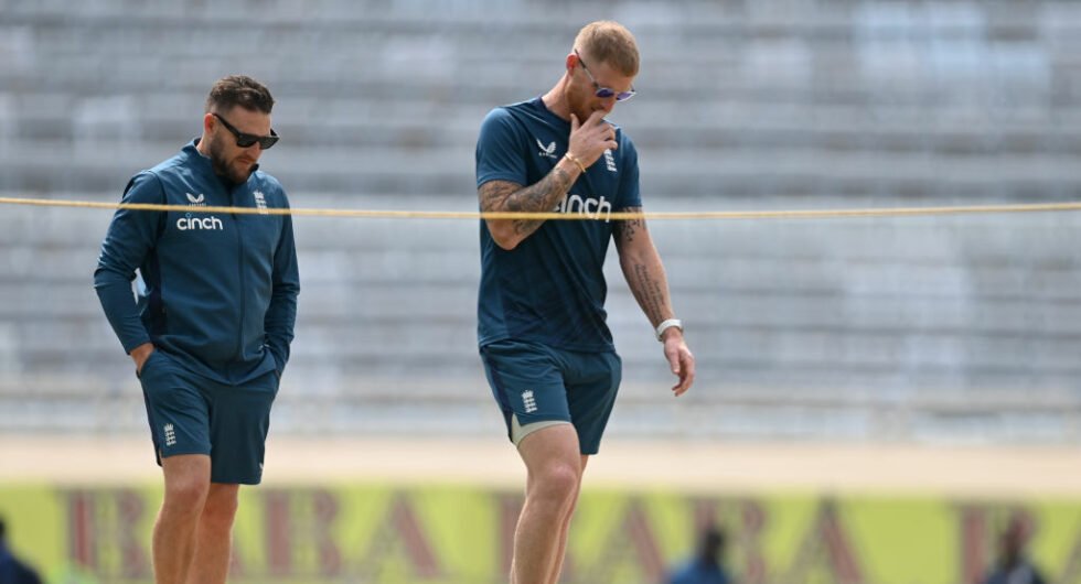 Ben Stokes and Brendon McCullum inspect the Ranchi pitch