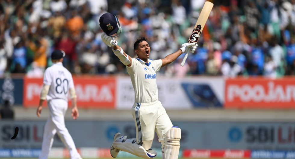 India batter Yashasvi Jaiswal celebrates after reaching his double century during day four of the 3rd Test Match between India and England at Saurashtra Cricket Association Stadium on February 18, 2024 in Rajkot, India.