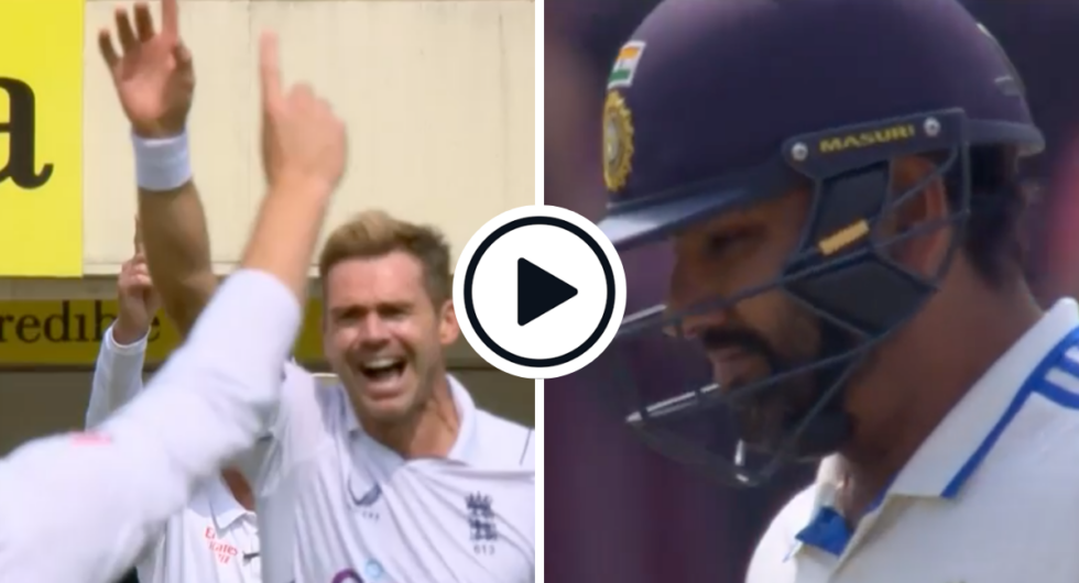 James Anderson celebrates the early wicket of Rohit Sharma