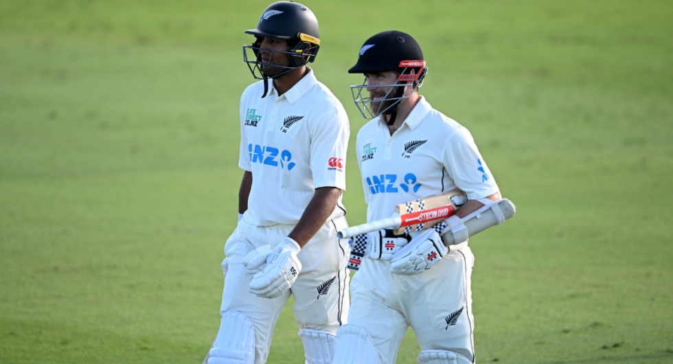 Kane Williamson and Rachin Ravindra walk off at the end of day one after an unbroken double century stand in the first New Zealand-South Africa Test