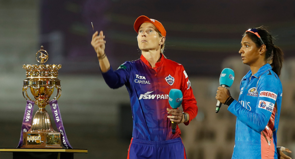 Meg Lanning of Delhi Capitals and Harmanpreet Kaur of Mumbai Indians at the toss during the Women's Premier League final match between Delhi Capitals and Mumbai Indians at Brabourne Stadium on March 26, 2023 in Mumbai, India.