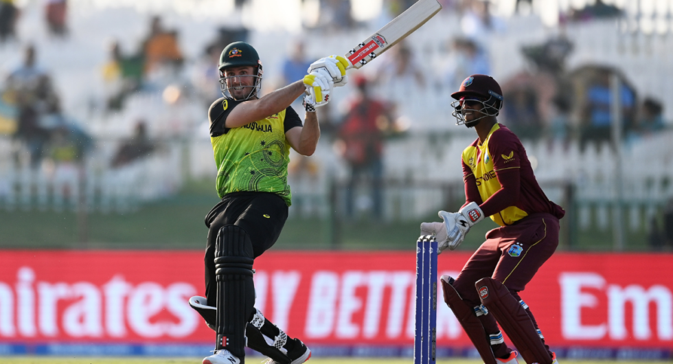 Mitchell Marsh of Australia plays a shot as Nicholas Pooran of West Indies keeps during the ICC Men's T20 World Cup match between Australia and Windies at Sheikh Zayed stadium on November 06, 2021 in Abu Dhabi, United Arab Emirates.