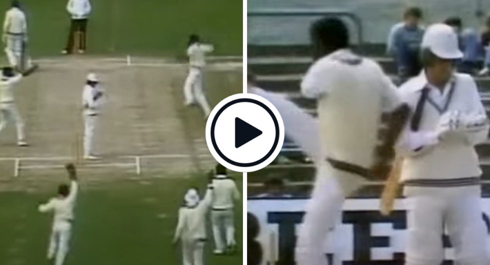 Michael Holding kicks two stumps out of the ground