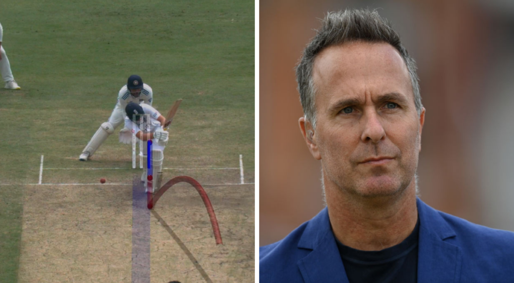 Michael Vaughan and a still image of the DRS used for the Joe Root lbw on day three at Ranchi