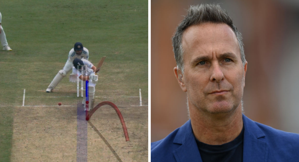 Michael Vaughan and a still image of the DRS used for the Joe Root lbw on day three at Ranchi