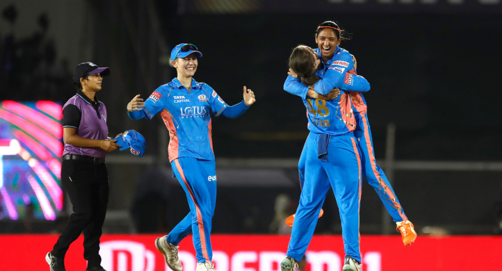 Amelia Kerr of Mumbai Indians celebrates the wicket of Arundhati Reddy of Delhi Capitals during the Women's Premier League final match between Delhi Capitals and Mumbai Indians at Brabourne Stadium on March 26, 2023 in Mumbai, India.