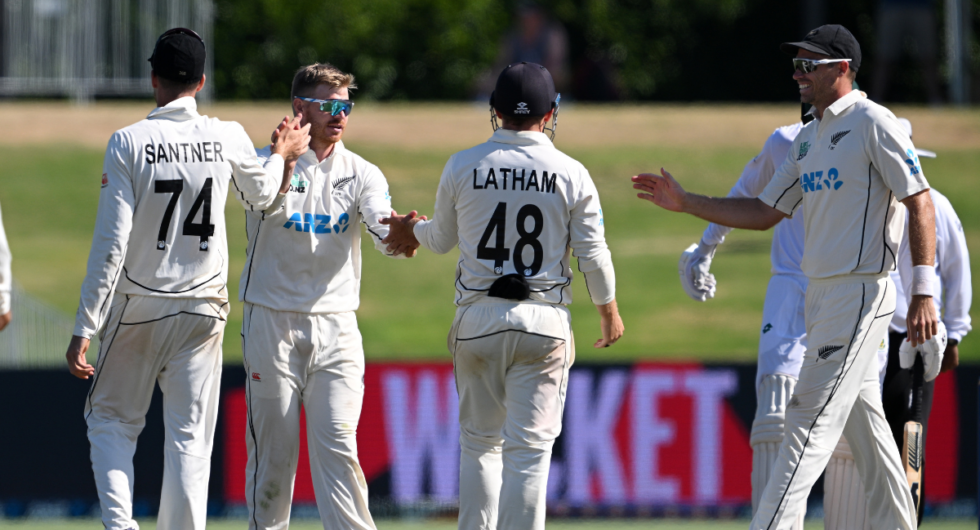 Glenn Phillips of New Zealand celebrates with his team after dismissing Clyde Fortuin during day four of the First Test in the series between New Zealand and South Africa at Bay Oval on February 07, 2024 in Mount Maunganui, New Zealand.