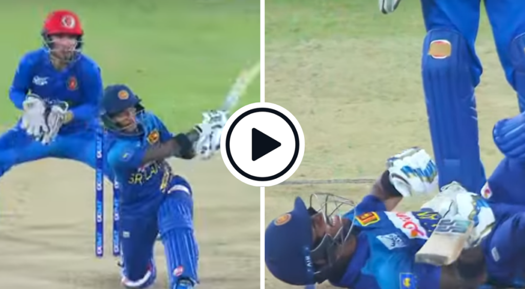 Pathum Nissanka plays a shot off Noor Ahmed before collapsing on the ground in the third Sri Lanka-Afghanistan T20I in Dambulla on February 21.