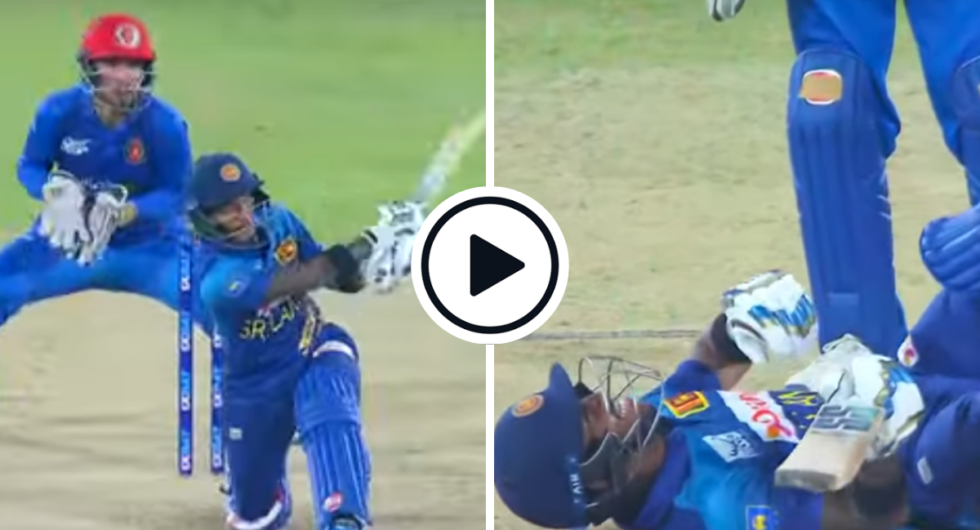 Pathum Nissanka plays a shot off Noor Ahmed before collapsing on the ground in the third Sri Lanka-Afghanistan T20I in Dambulla on February 21.