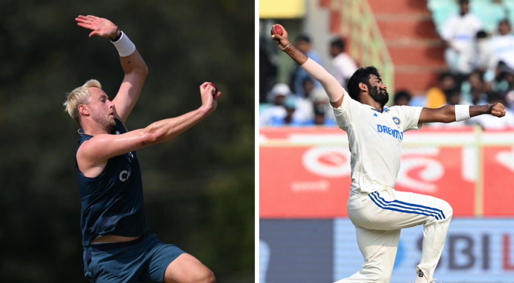 Ollie Robinson bowling in practice (L), Jasprit Bumrah bowling during the India-England Test series (R)