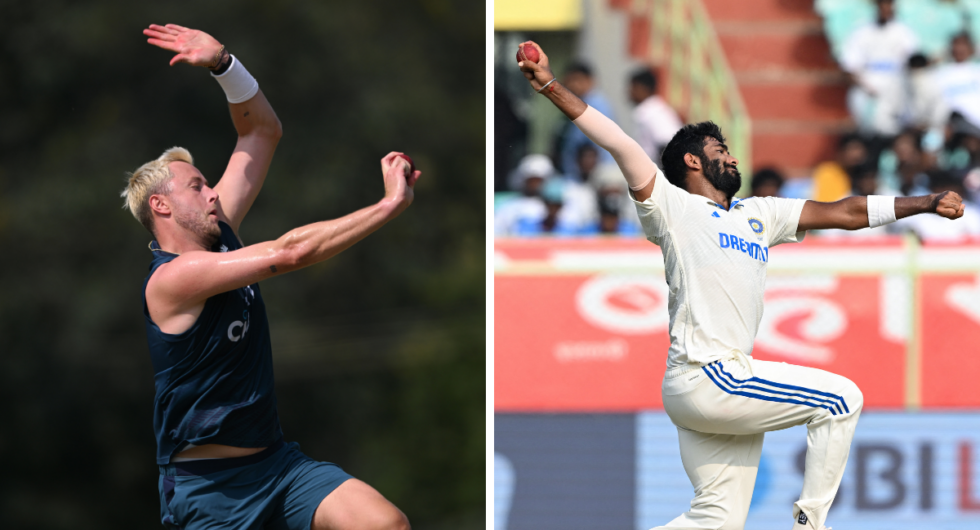 Ollie Robinson bowling in practice (L), Jasprit Bumrah bowling during the India-England Test series (R)
