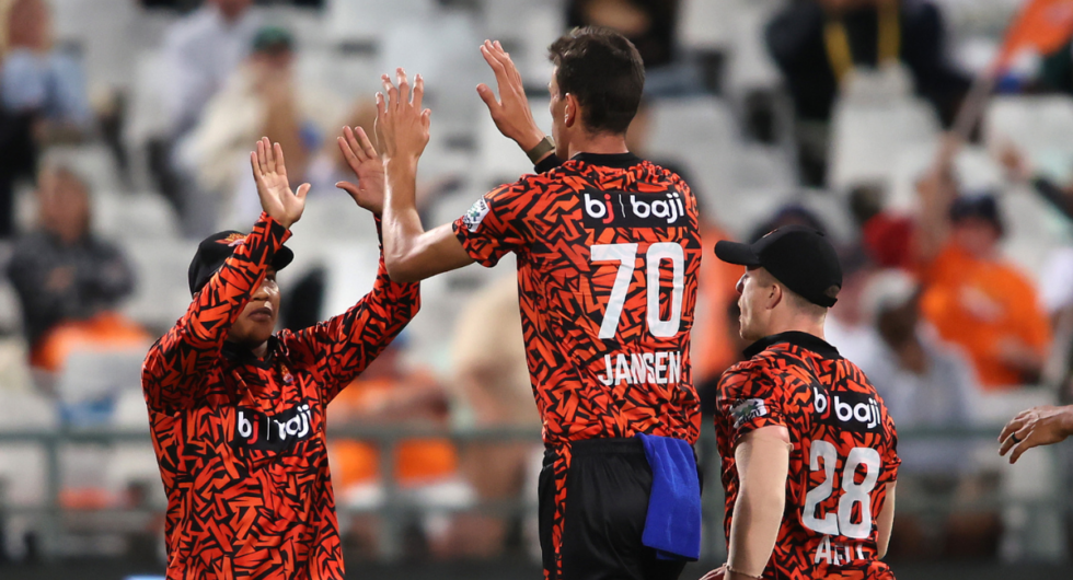 Ottiel Baartman, Marco Jansen and Tom Abell, three members of Sunrisers Eastern Cape and Wisden's SA20 2024 team of the tournament, celebrate a wicket