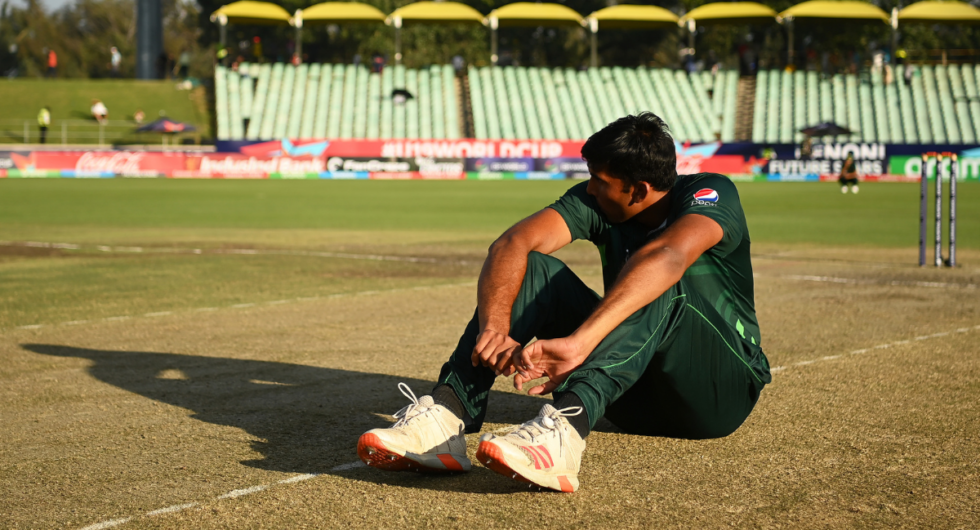 Pakistan quick Mohammad Zeeshan reacts after his side's Under-19 World Cup semi-final defeat to Australia
