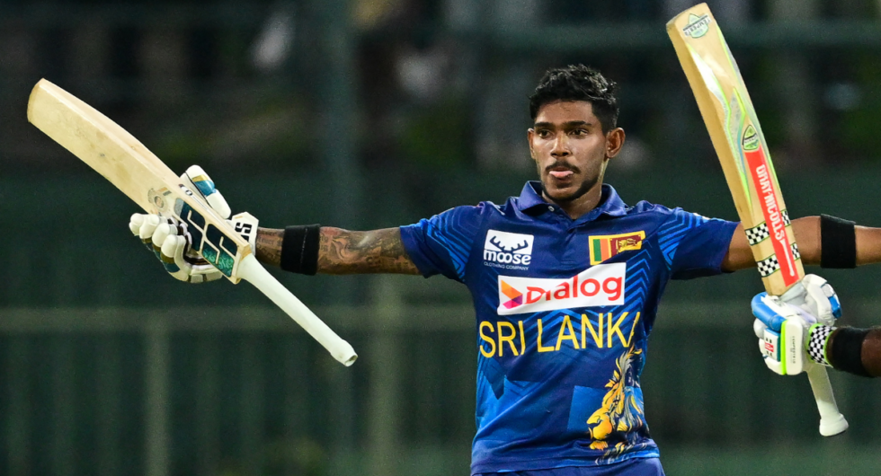 Sri Lanka's Pathum Nissanka celebrates after scoring a double-century during the first one-day international (ODI) cricket match between Sri Lanka and Afghanistan at the Pallekele International Cricket Stadium in Kandy on February 9, 2024.
