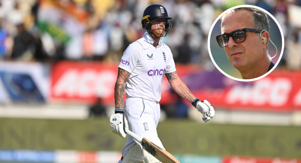 Ben Stokes walks off after his dismissal on day four at Rajkot, with a headshot of Michael Vaughan inset