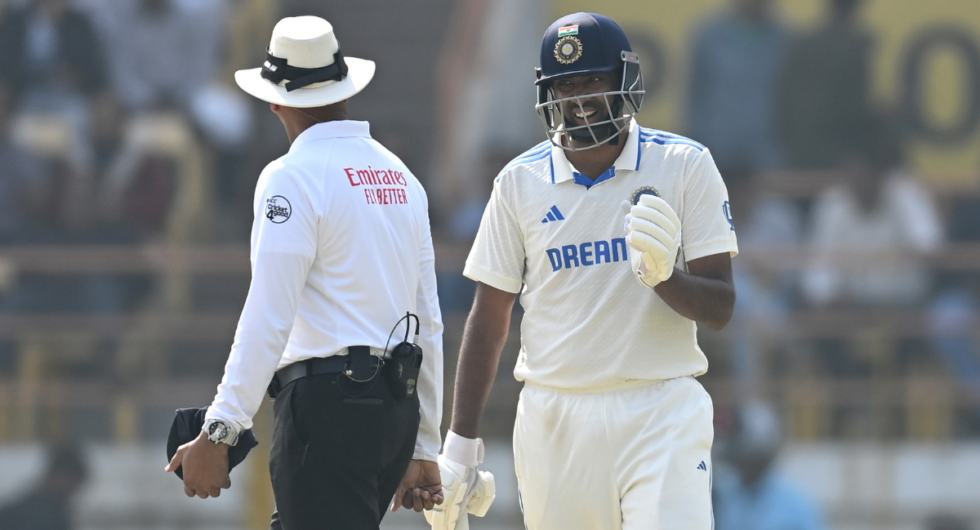 R Ashwin discusses with the umpire after being handed a five run penalty for running on the danger area in the third India-England Test