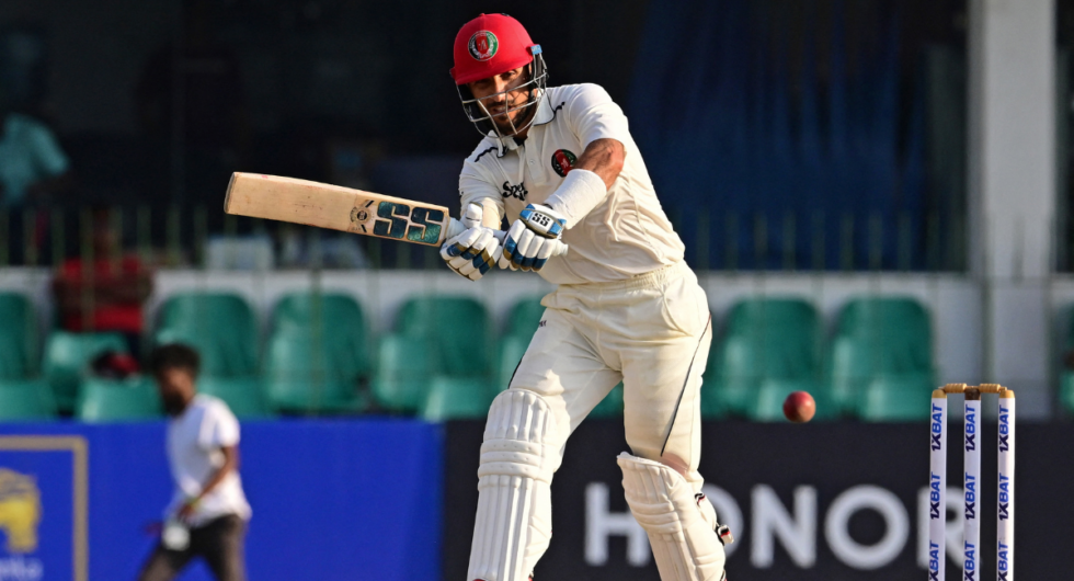 Afghanistan's Rahmat Shah plays a shot on the third day of the one-off Test cricket match between Sri Lanka and Afghanistan at the Sinhalese Sports Club (SSC) in Colombo on February 4, 2024.