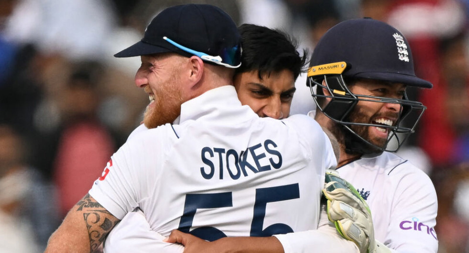 Shoaib Bashir embraces Ben Stokes after the wicket of Yashasvi Jaiswal