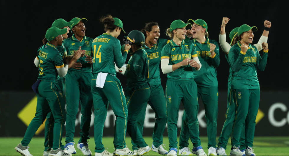 South Africa celebrate victory during game two of the Women's One Day International series between Australia and South Africa at North Sydney Oval on February 07, 2024 in Sydney, Australia.