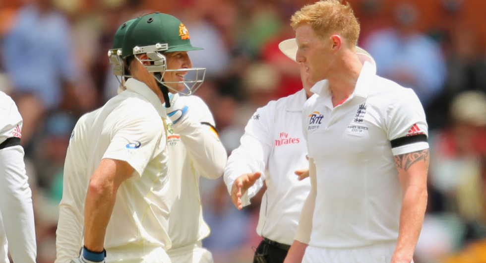 Brad Haddin of Australia and Ben Stokes of England exchange words during day two of the Second Ashes Test Match between Australia and England at Adelaide Oval on December 6, 2013 in Adelaide, Australia.