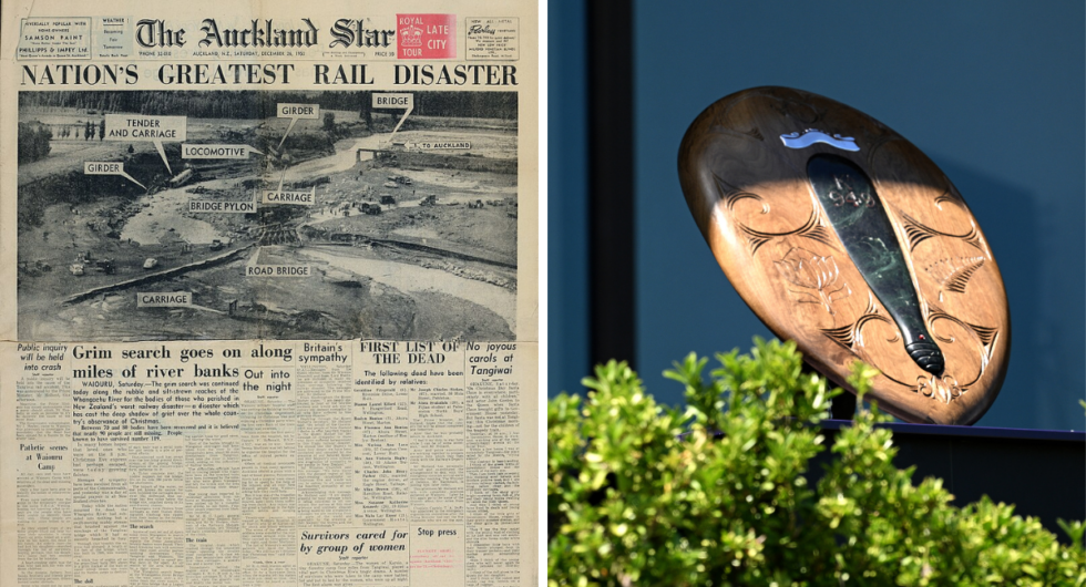 The front page of the Auckland Times from the day of the Tangiwai Disaster (L), the Tangiwai Shield, for which New Zealand and South Africa will contest Test series from now on (R)