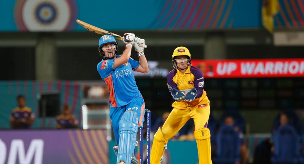 Natalie Sciver of Mumbai Indians plays a shot during the Women's Premier League eliminator match between the Mumbai Indians and the UP Warriorz at Dr. DY Patil Sports Academy on March 24, 2023 in Navi Mumbai, India.