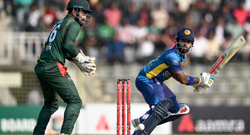 Sri Lanka's Kusal Mendis (R) plays a shot during the third Twenty20 international cricket match between Bangladesh and Sri Lanka at the Sylhet International Cricket Stadium in Sylhet on March 9, 2024.