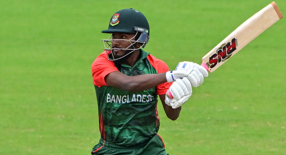 Bangladesh's Jaker Ali plays a shot during a T20I