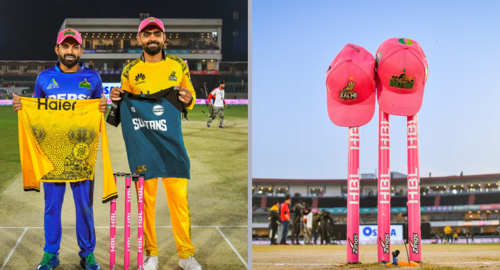 The players during the Multan Sultans-Peshawar Zalmi clash in the 2024 PSL today (March 5) are donning pink caps to spread awareness about breast cancer
