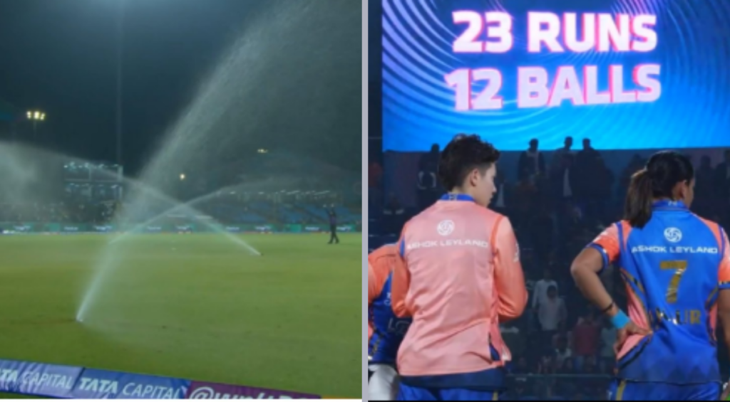 There was a brief stoppage in play during the Gujarat Giants-Mumbai Indians Women’s Premier League clash today (March 9) as several sprinklers turned on with two overs left in the game, leading to a wet outfield