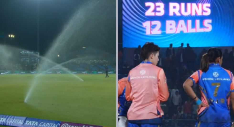 There was a brief stoppage in play during the Gujarat Giants-Mumbai Indians Women’s Premier League clash today (March 9) as several sprinklers turned on with two overs left in the game, leading to a wet outfield