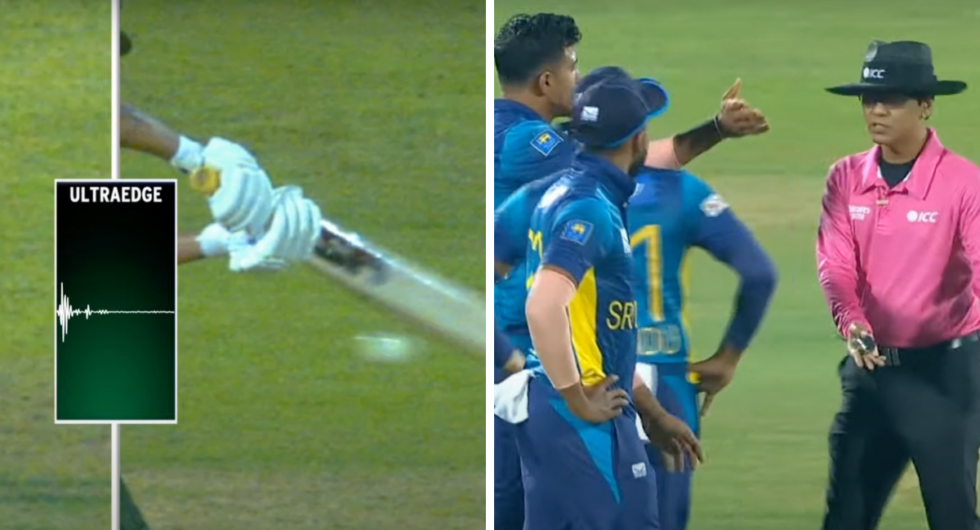 Sri Lanka fielders argue with umpire after overturned decision