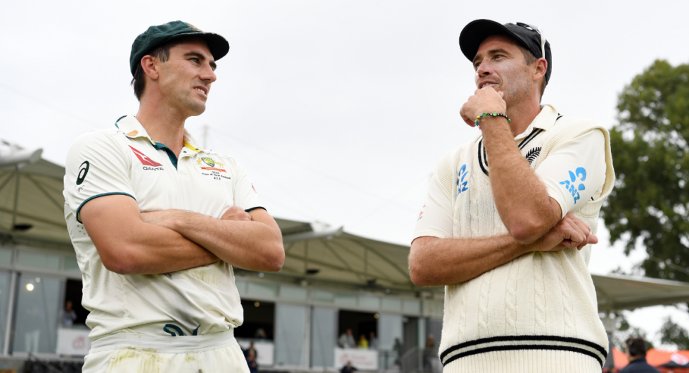 Tim Southee and Pat Cummins after Australia's Test win in Hagley