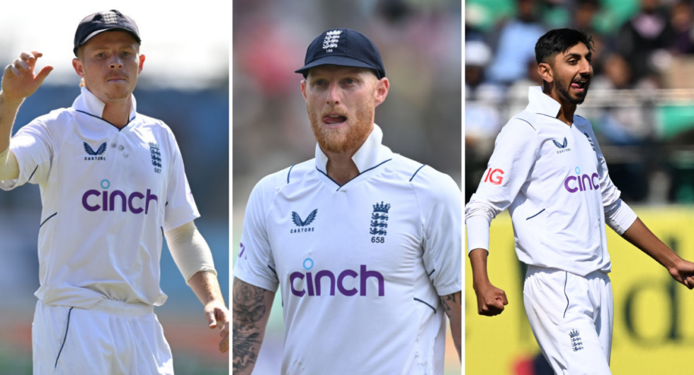 An image of Ollie Pope, Ben Stokes and Shoaib Bashir