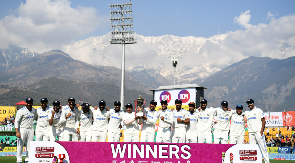 India celebrate with the series trophy after winning the 5th Test Match between India and England at Himachal Pradesh Cricket Association Stadium on March 09, 2024 in Dharamsala, India.