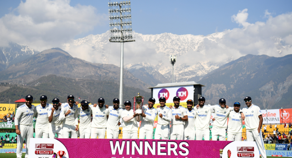 India celebrate with the series trophy after winning the 5th Test Match between India and England at Himachal Pradesh Cricket Association Stadium on March 09, 2024 in Dharamsala, India.