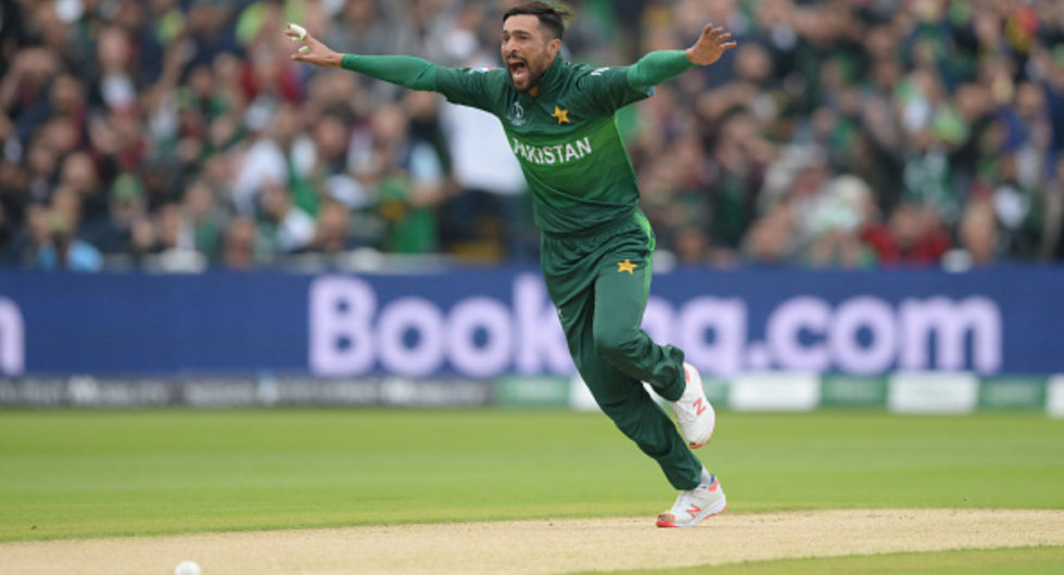 Mohammad Amir of Pakistan celebrates after dismissing Martin Guptill during the ICC Cricket World Cup Group Match between New Zealand and Pakistan at Edgbaston on June 26, 2019 in Birmingham, England.