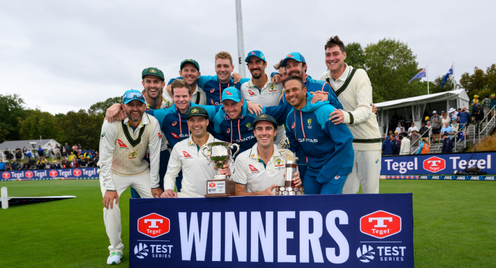 Captain Pat Cummins of Australia and his team mates pose with the trophy after their series win during day four of the Second Test in the series between New Zealand and Australia at Hagley Oval on March 11, 2024 in Christchurch, New Zealand.