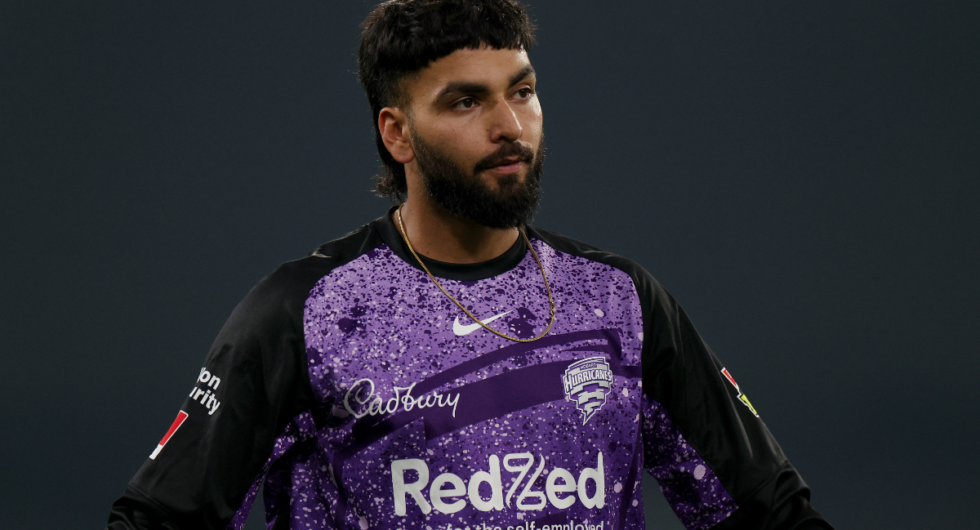 Nikhil Chaudhary of the Hurricanes looks on during the BBL match between Melbourne Stars and Hobart Hurricanes at Melbourne Cricket Ground, on January 15, 2024, in Melbourne, Australia.
