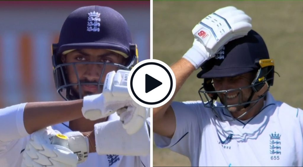 Shoaib Bashir reviews after being bowled out by Ravindra Jadeja on day three of the India-England fifth Test in Dharamshala, Joe Root laughs with his hand on his head